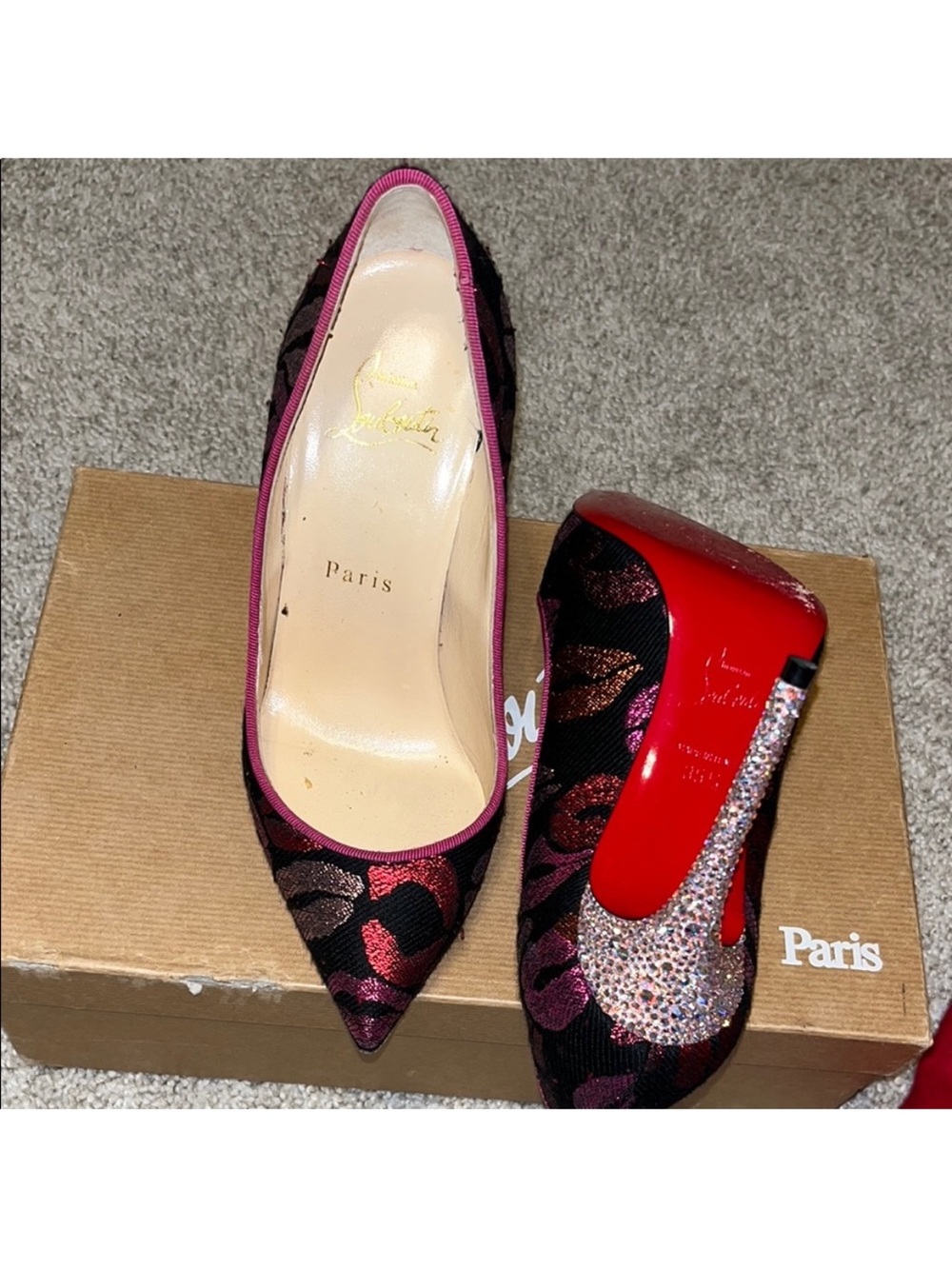 Christian Louboutin Pink and Black Lip-Print Pointed Pumps with Crystal Heel